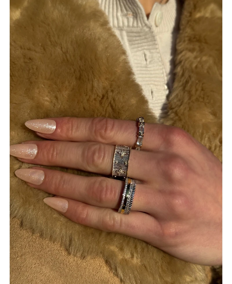 Suzy Levian New York Sterling Silver Cubic Zirconia Brushed Italian Florentine Extra Wide Band Eternity Ring