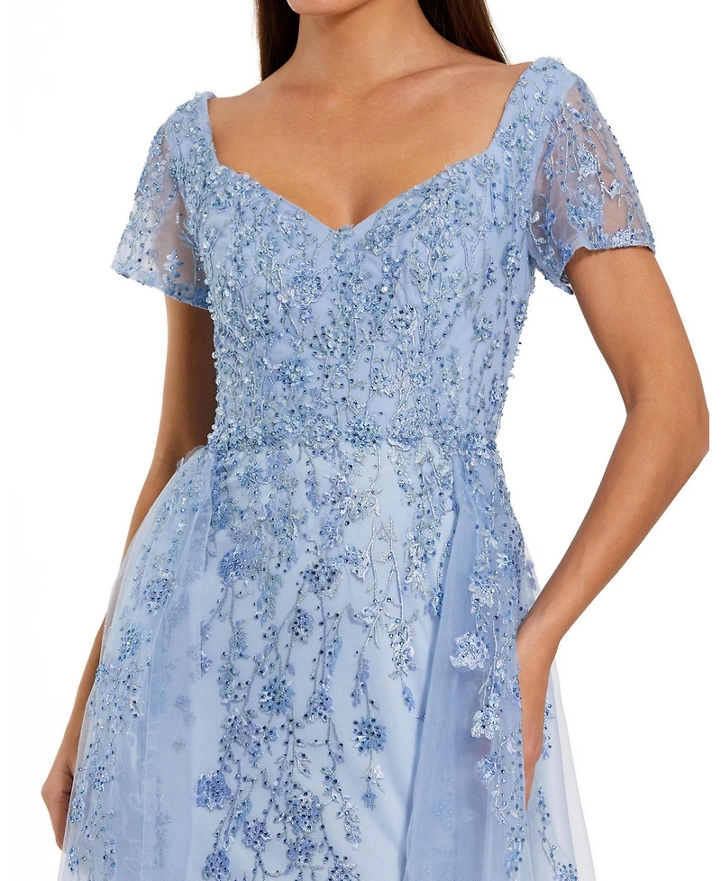 Mac Duggal Women's Embroidered Beaded Tulle A-Line Gown with Sheer Overskirt