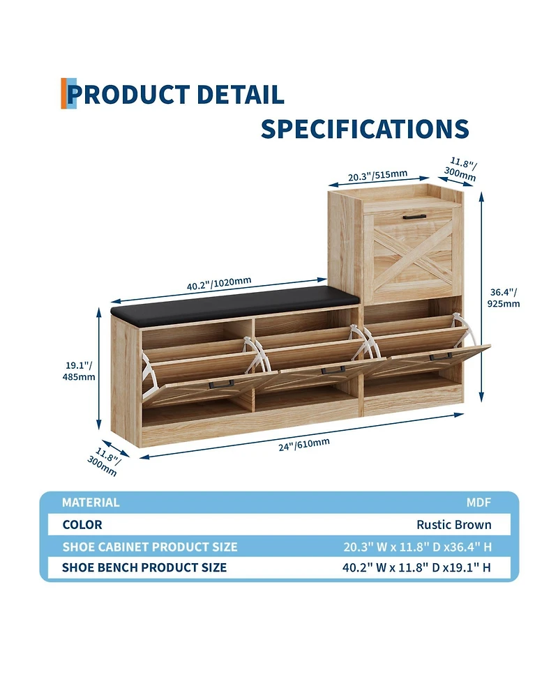 homfan Shoe Storage Bench with 4 Flip Drawers and Padded Seat for Entryway
