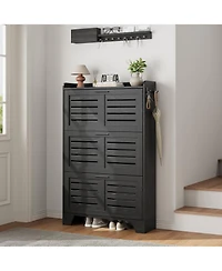 homfan Slim Shoe Cabinet with 2 Flip Drawers and Side Hooks, Deep Entryway Storage