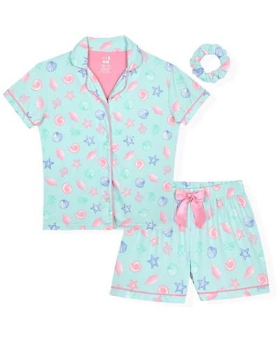 Max & Olivia Girls' 6-16 Aqua Seashell Top and Shorts Sleep Play, with Scrunchie, 3-Piece Set