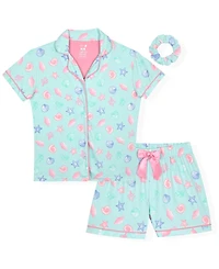 Max & Olivia Girls' 6-16 Aqua Seashell Top and Shorts Sleep Play, with Scrunchie, 3-Piece Set