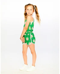 Deux par Deux Little Girls Terry Cloth Sleeveless Jumpsuit Green Printed Flowers