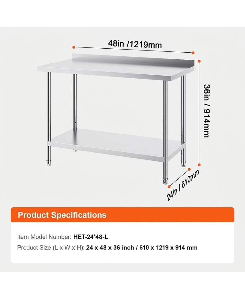 Sugift Heavy Duty Stainless Steel Work Table 24 x 48 x 36 in for Restaurant and Home Use