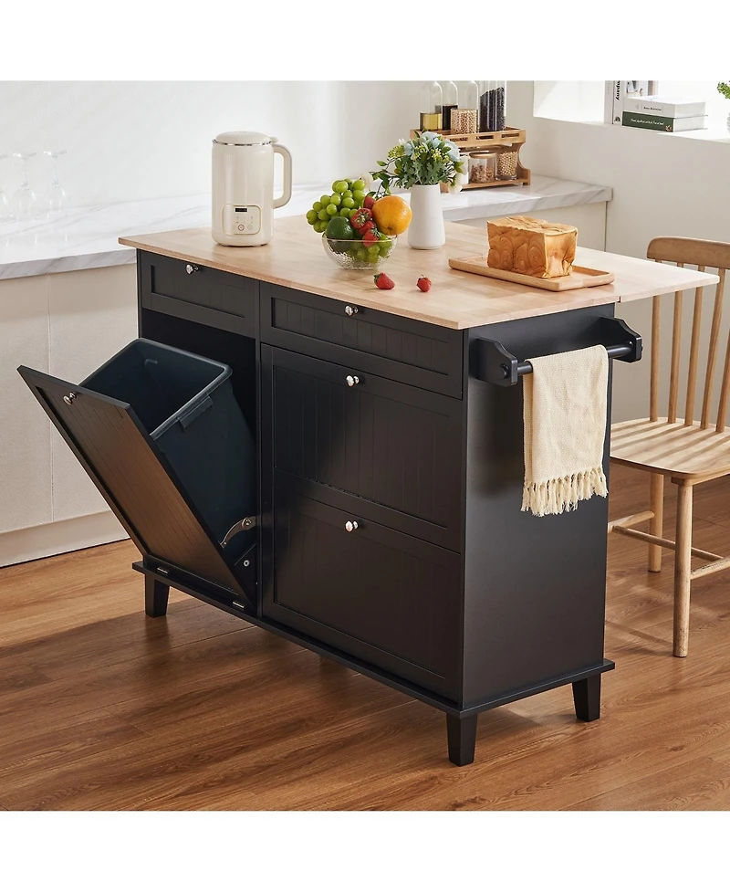 Sugift 50in Wood Top Kitchen Island Cart with Trash Cabinet and 4 Drawers Farmhouse Dining Table