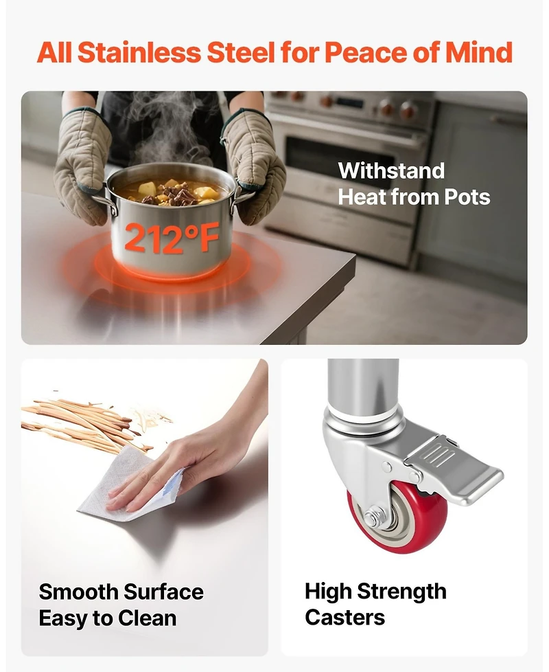 Sugift Stainless Steel Food Prep Worktable 24 x 35.4 in With Wheels for Commercial Use