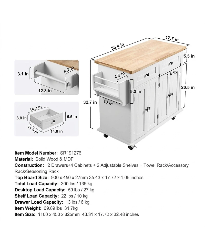 Sugift Kitchen Island Cart with Solid Wood Top 35.4in Width Mobile Storage Cabinet