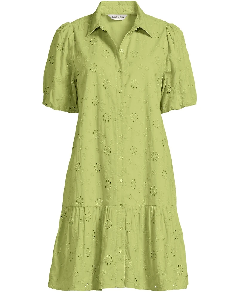 Lands' End Women's Elbow Sleeve Eyelet Knee Length Shirt Dress