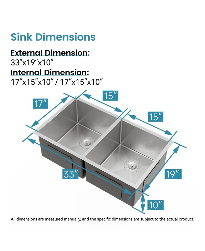 Busdays 33 x 19 Inch Embedded Double Bowl Kitchen Sink Undermount Handmade Brushed Stainless Steel