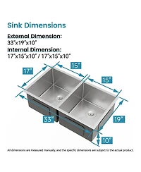 Busdays 33 x 19 Inch Embedded Double Bowl Kitchen Sink Undermount Handmade Brushed Stainless Steel