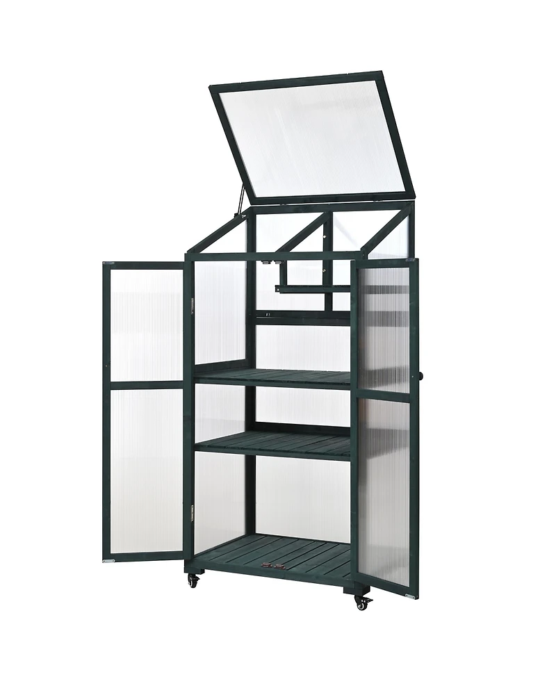 sumyeg 62inch Outdoor Height Wood Large Greenhouse Balcony Portable Cold Frame with Wheels and Adjustable Shelves