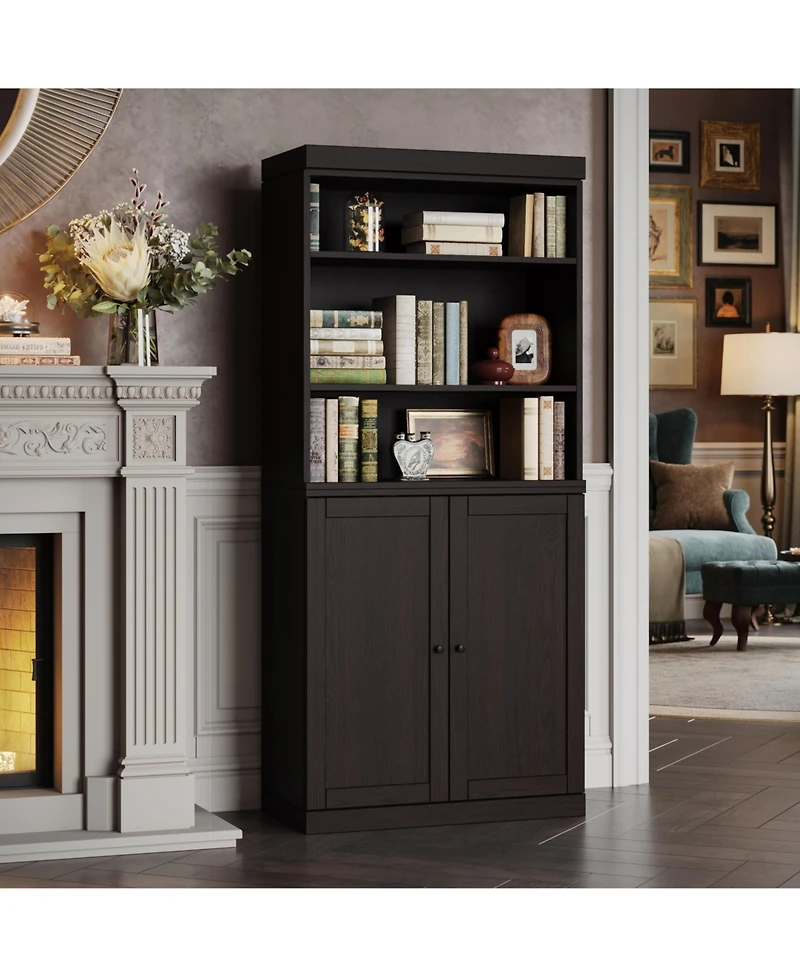 Palace Imports Premium 100% Solid European Oak Hardwood 6-Shelf Modular Bookcase with Bottom Shaker Doors.