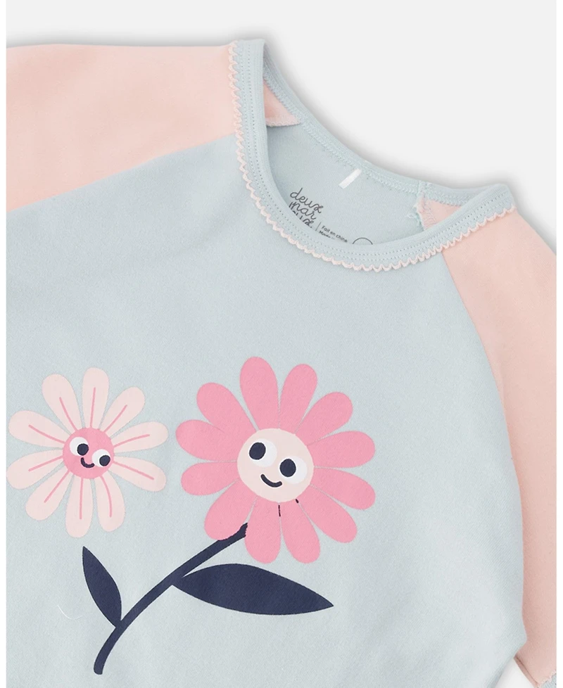 Deux par Deux Little Girls Cotton Two-Piece Pyjama Set Smiling Flower Print