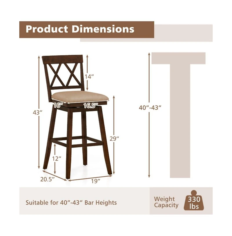 Gouun 29 in Swivel Bar Height Stool Set of 2 with Linen Upholstered Seat and Curved Backrest
