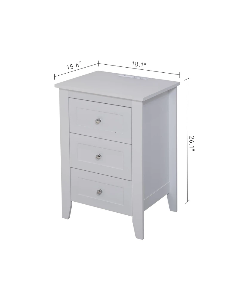 sumyeg Modern White 3 Drawer Charging Nightstand Usb Power Outlets