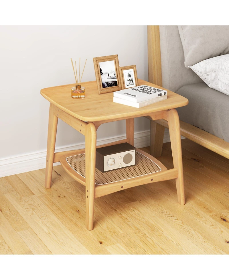 sumyeg Boho Bamboo Sofa Side Table with Faux Rattan Storage Shelf