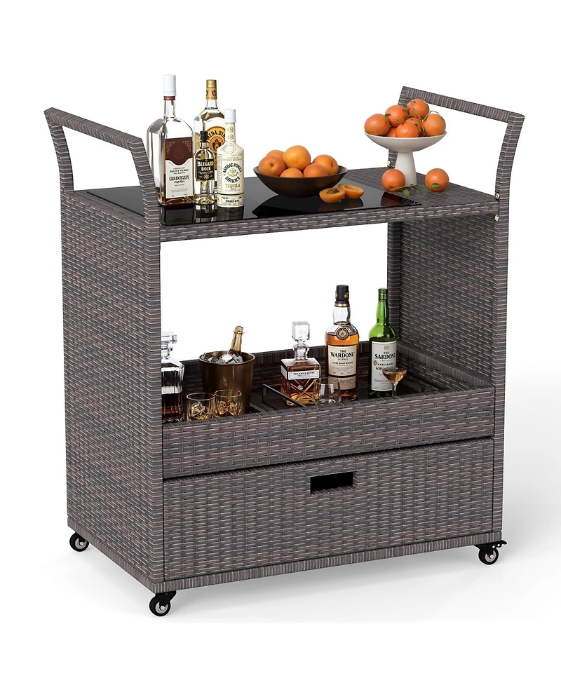 sumyeg Outdoor Wicker Bar Cart with Tempered Glass Top