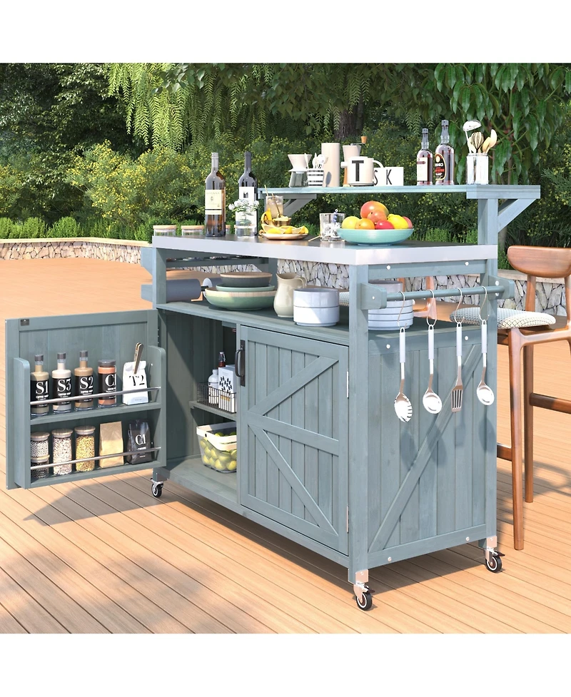 sumyeg 53.3inch Outdoor Kitchen Island with Raised Shelf, Solid Wood Storage Cabinet, Rolling Grill Cart with Rack, Adjustable Shelf and Spice Rack