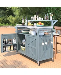 sumyeg 53.3inch Outdoor Kitchen Island with Raised Shelf, Solid Wood Storage Cabinet, Rolling Grill Cart with Rack, Adjustable Shelf and Spice Rack