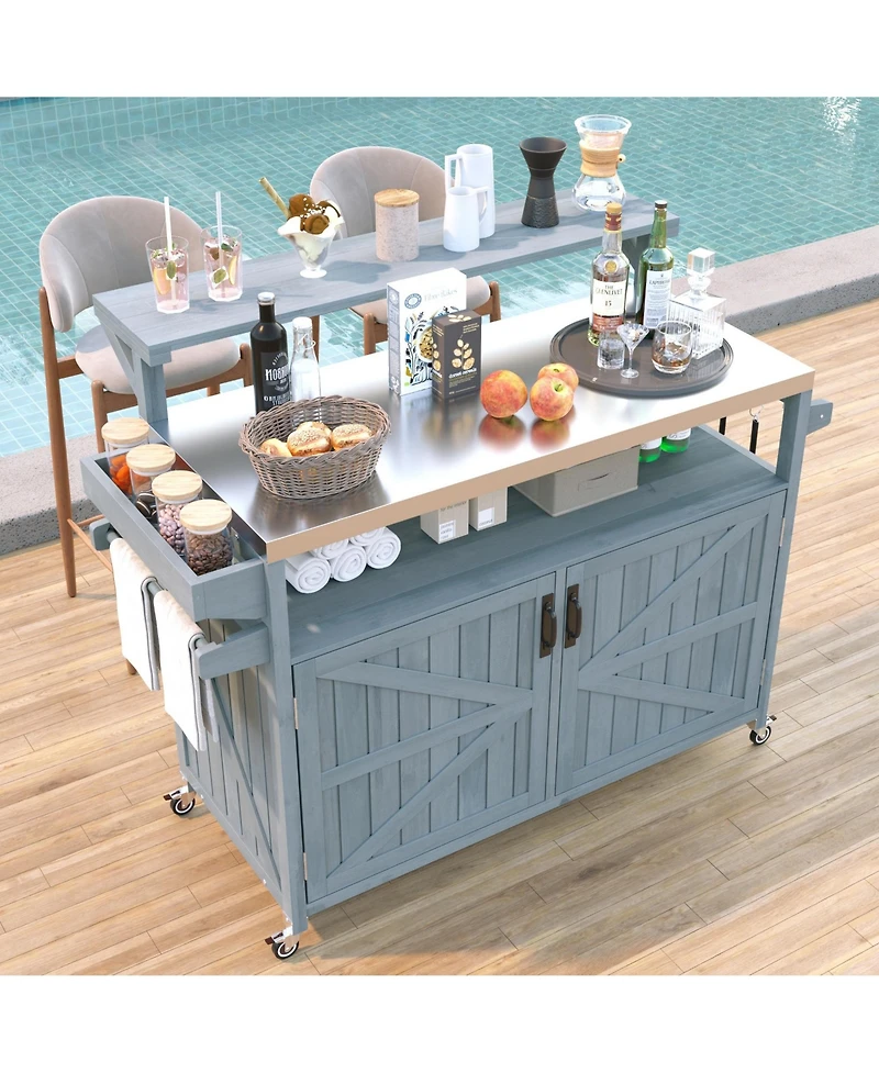 sumyeg 53.3inch Outdoor Kitchen Island with Raised Shelf, Solid Wood Storage Cabinet, Rolling Grill Cart with Rack, Adjustable Shelf and Spice Rack