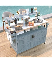 sumyeg 53.3inch Outdoor Kitchen Island with Raised Shelf, Solid Wood Storage Cabinet, Rolling Grill Cart with Rack, Adjustable Shelf and Spice Rack