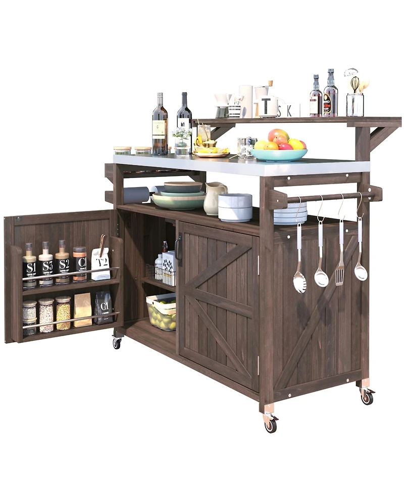 sumyeg 53.3inch Outdoor Kitchen Island with Raised Shelf, Solid Wood Storage Cabinet, Rolling Grill Cart Rack, Adjustable Shelf and Spice Rack