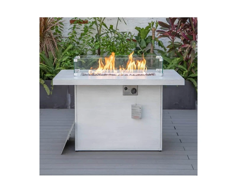 LeisureMod Chelsea Propane Fire Pit 44 Inch 55,000 Btu Auto-Ignition Gas Fire Pit Table with lid, Wind Guard and Decorative Stones Aluminum Frame