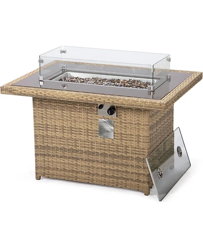 LeisureMod Mace 44" Outdoor Fire Pit Table – 55,000 Btu Propane Gas with Wicker Frame, Tempered Glass Wind Guard and Crystal Beads