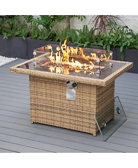 LeisureMod Mace 44" Outdoor Fire Pit Table – 55,000 Btu Propane Gas with Wicker Frame, Tempered Glass Wind Guard and Crystal Beads