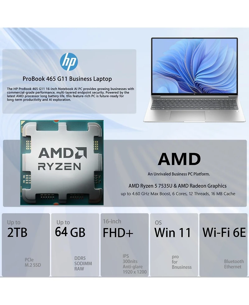 Hp ProBook 465 16" Traditional Laptop Amd Ryzen 5 32GB Ra-m Amd Radeon Graphics 2TB Ssd Storage Windows 11 Pro 60Hz