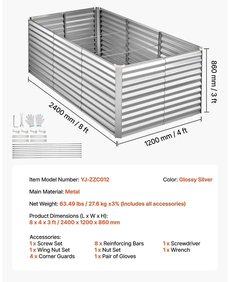 Sugift Galvanized Raised Garden Bed 8 x 4 x 3 ft Rectangular Elevated Planter Box for Vegetables