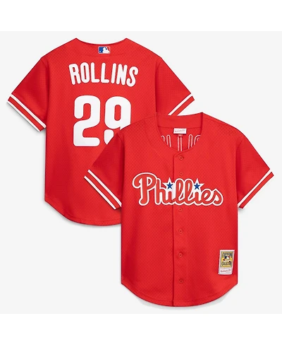 Mitchell & Ness Men's Jimmy Rollins Red Philadelphia Phillies Cooperstown Mesh Batting Practice Button-Up Jersey