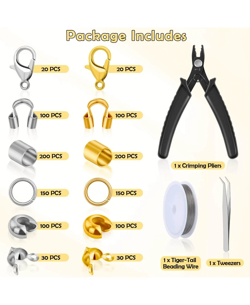 Gnuadz 1200 Crimp Beads Kit Covers Tubes Wire Guardians Clasps Jump Rings Pliers Bracelets