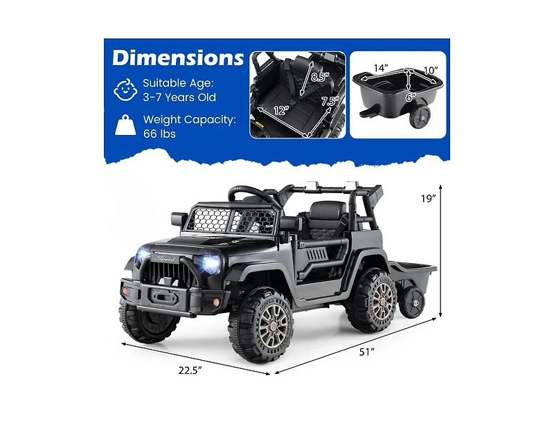 Slickblue 12V Kids Ride-On Utv with Detachable Trailer, Battery Powered