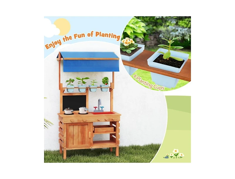 Hongge Wooden Pretend Play Kitchen with Adjustable Canopy for Kids