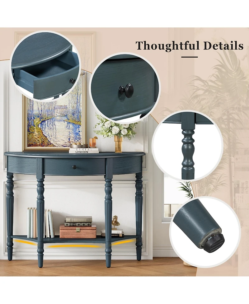 Rainsken Farmhouse Curved Console Table, Half Moon Accent Table with Storage Drawer and Lower Shelf, Sofa Table for Entryway, Living Room