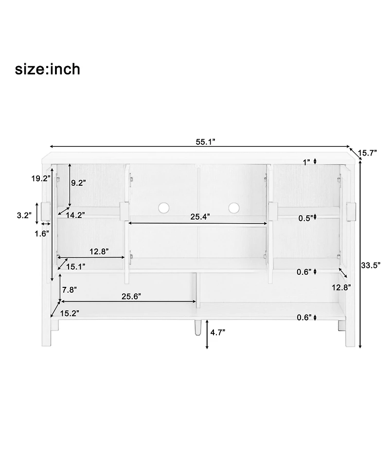 Rainsken 55" Modern Sideboard Buffet Cabinet, 4 Doors Storage Cabinet with Open Shelf, Adjustable Shelves and Double Hooks for Kitchen, Living Ro
