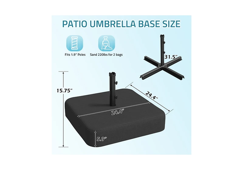 Aecojoy Patio Umbrella Base, 220 lbs Heavy Duty Sand Filled Weighted Umbrella Stand with 2 Sandbags