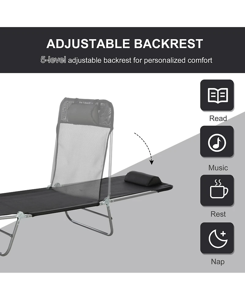 Outsunny Portable Sun Lounger, Lightweight Folding Chaise Lounge Chair w/ Adjustable Backrest & Pillow for Beach, Poolside and Patio