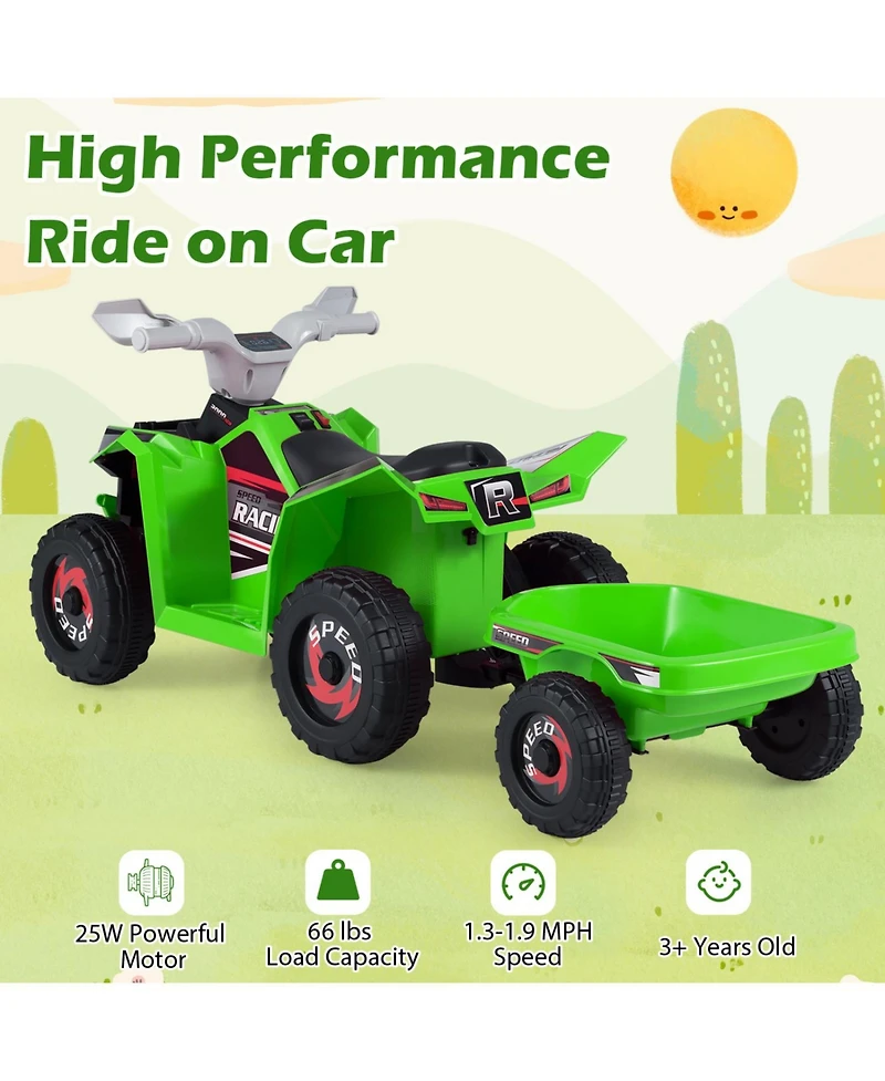 Slickblue Kids 6V Ride On Atv Quad with Trailer, Electric Battery Powered Car
