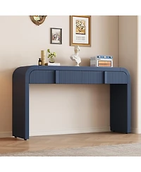 Rainsken 55" Modern Fluted Sofa Table, Curved Wood Console Table with Dual Storage Drawers for Entryway, Living Room and Hallway