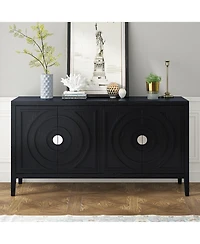 Rainsken Retro Storage Sideboard, 4-Door Buffet Cabinet with Circular Groove Design and Round Metal Handles for Living Room and Dining Room