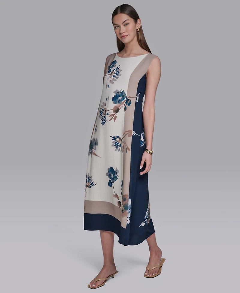 Halston Women's Sleeveless Self Belt Floral Printed Midi Dress