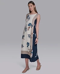 Halston Women's Sleeveless Self Belt Floral Printed Midi Dress