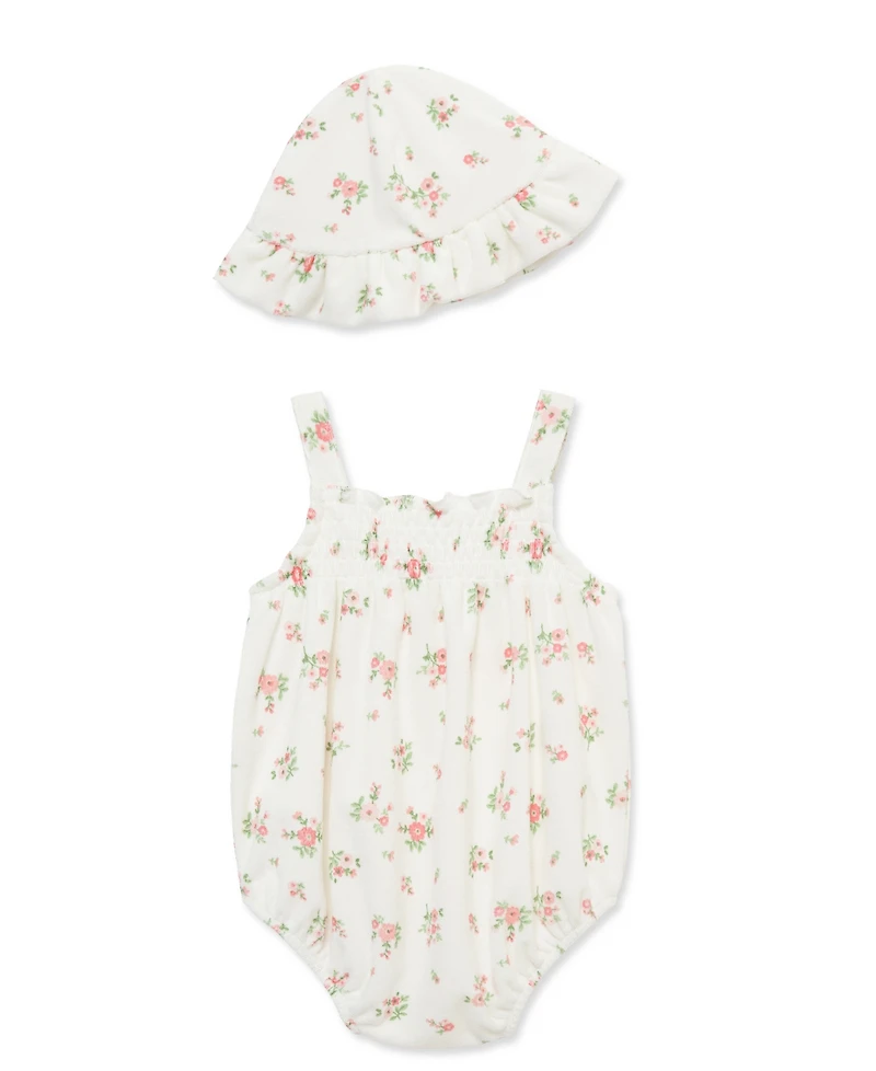 Little Me Baby Girls' Embroidered Romper and Hat, 2-Piece Set