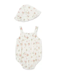 Little Me Baby Girls' Embroidered Romper and Hat, 2-Piece Set