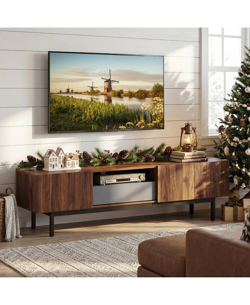 Sugift Modern Mid Century Tv Cabinetfor TVs with Drawer-Walnut