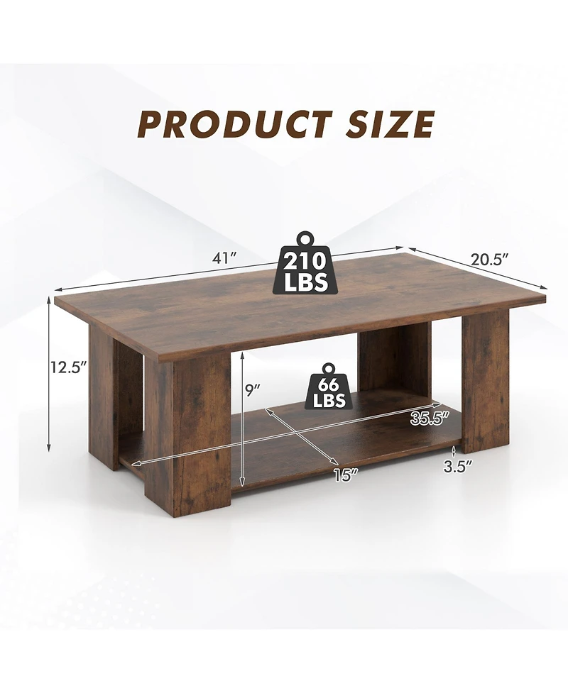 Gouun 41-Inch 2-Tier Wooden Coffee Table with Open Storage Shelf