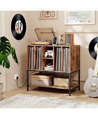 Gouun Record Player Stand with Charging Station and Six Vinyl Compartments