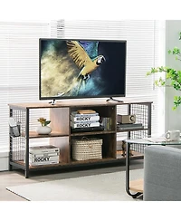 Sugift Mid-Century Wooden Tv Stand with Storage Basket for TVs up to 65 Inch-Rustic